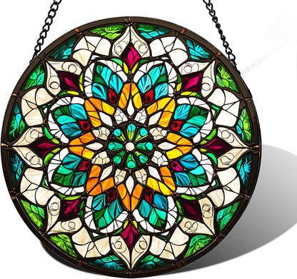 Bohemian Mandala Stained Glass Window Hanging Sun Catcher Indoor Outdoor Home Garden Panel Hangings Gift for Kits Adults (Green)