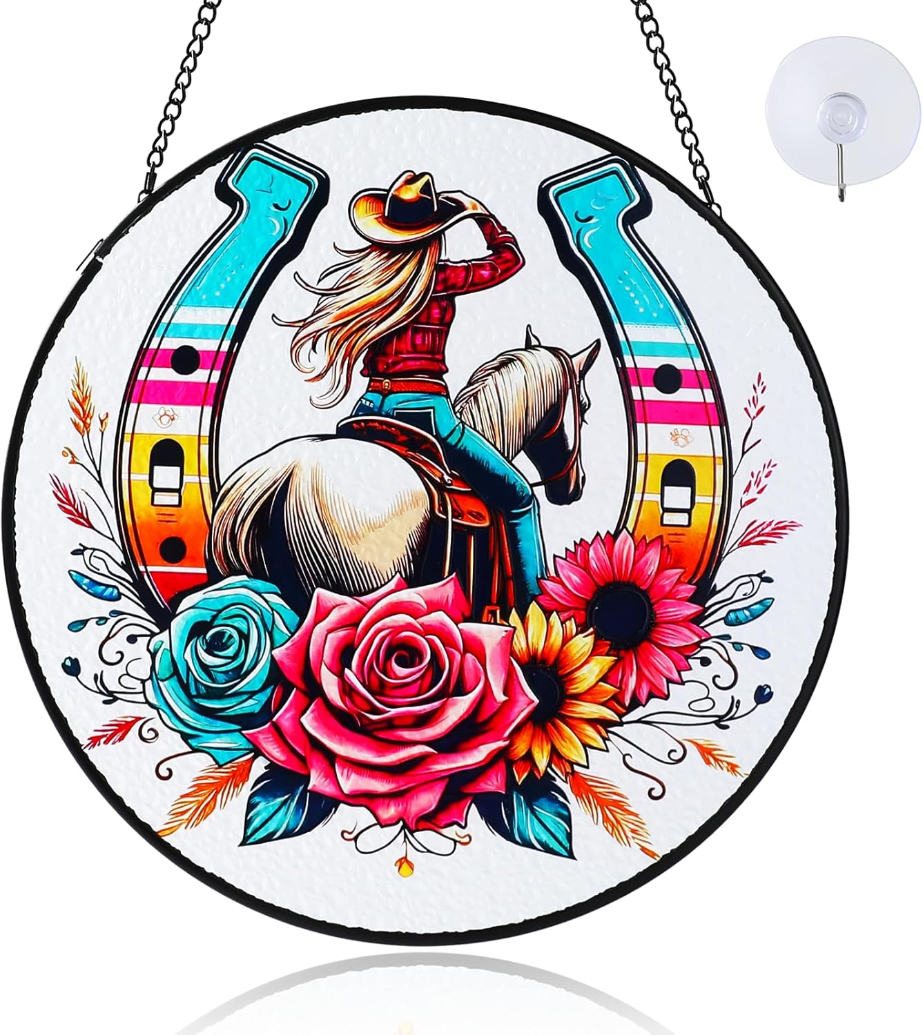 West Cowgirl Horse Suncatcher Stained Glass Window Hanging with Metal Chain and Hooks 7.8 Inch Indoor/Outdoor Home & Garden Decor Housewarming Gifts