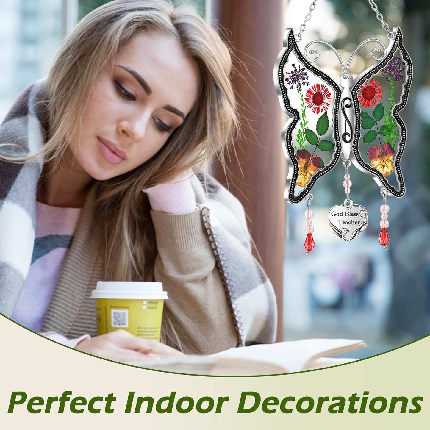 KY&BOSAM Butterfly Suncatcher God Bless Teacher Stained Glass Sun Catcher for Windows Hangings Wind Chimes with Metal Heart Charm Birthday Gifts for Teacher`s Day Christmas Color Box Package