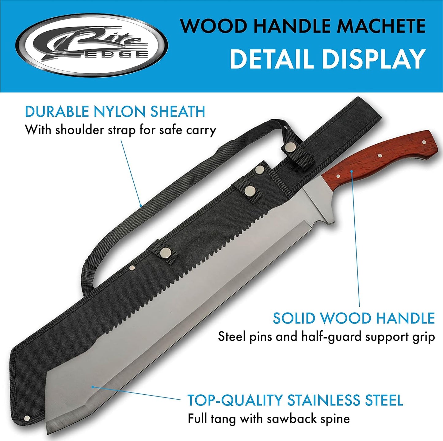 SZCO Supplies 25” Brown Wood Handle Heavy Duty Saw Back Forest Cleaver Machete With Sheath (926963-WD)