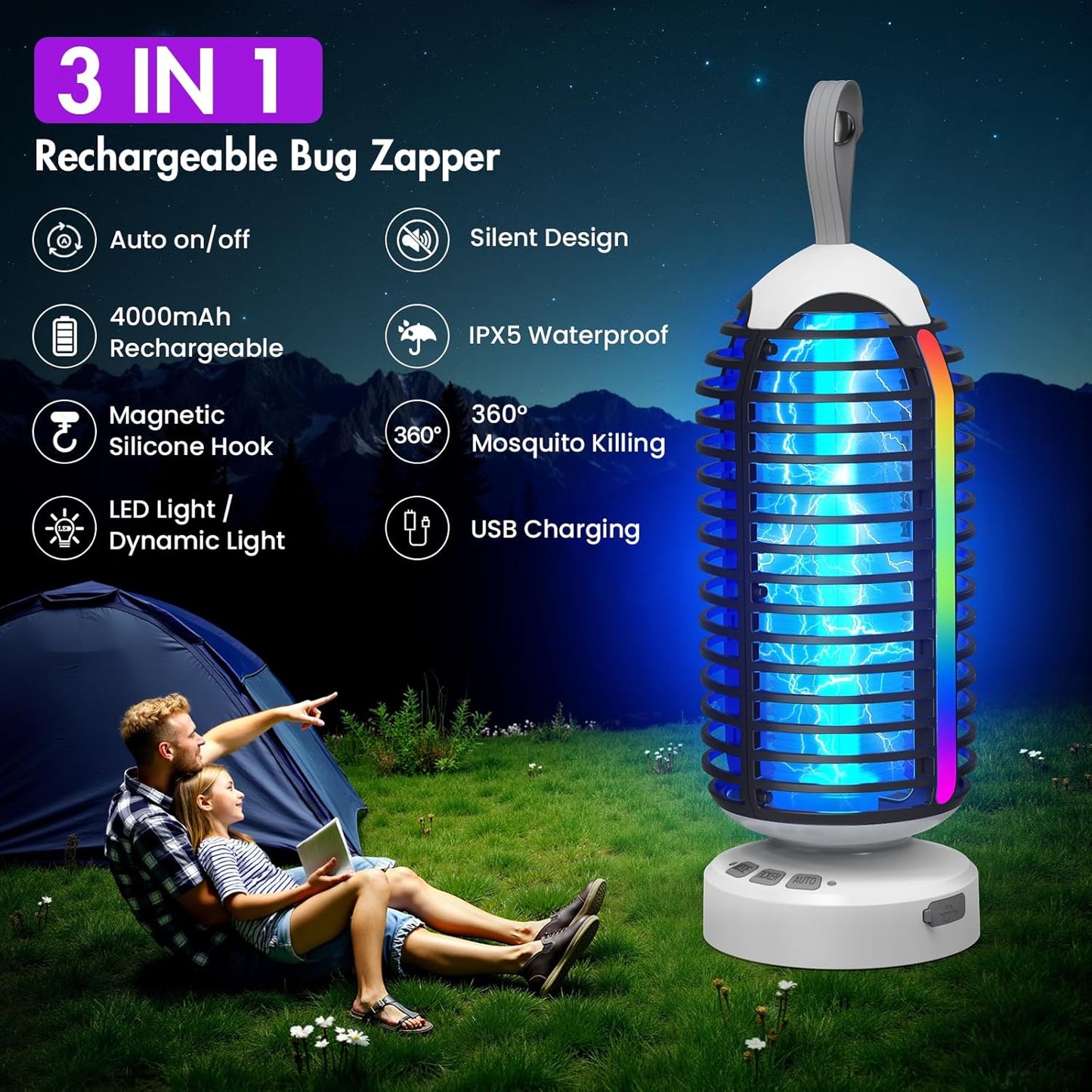 Bug Zapper Outdoor with Colorful Lighting and Auto-Sensing, 3 in 1 Cordless 4000mAh Battery Electric Fly Trap, Rechargeable Mosquito Zapper for Camping, Patios, Garden, Kitchen (1Pack-Black)