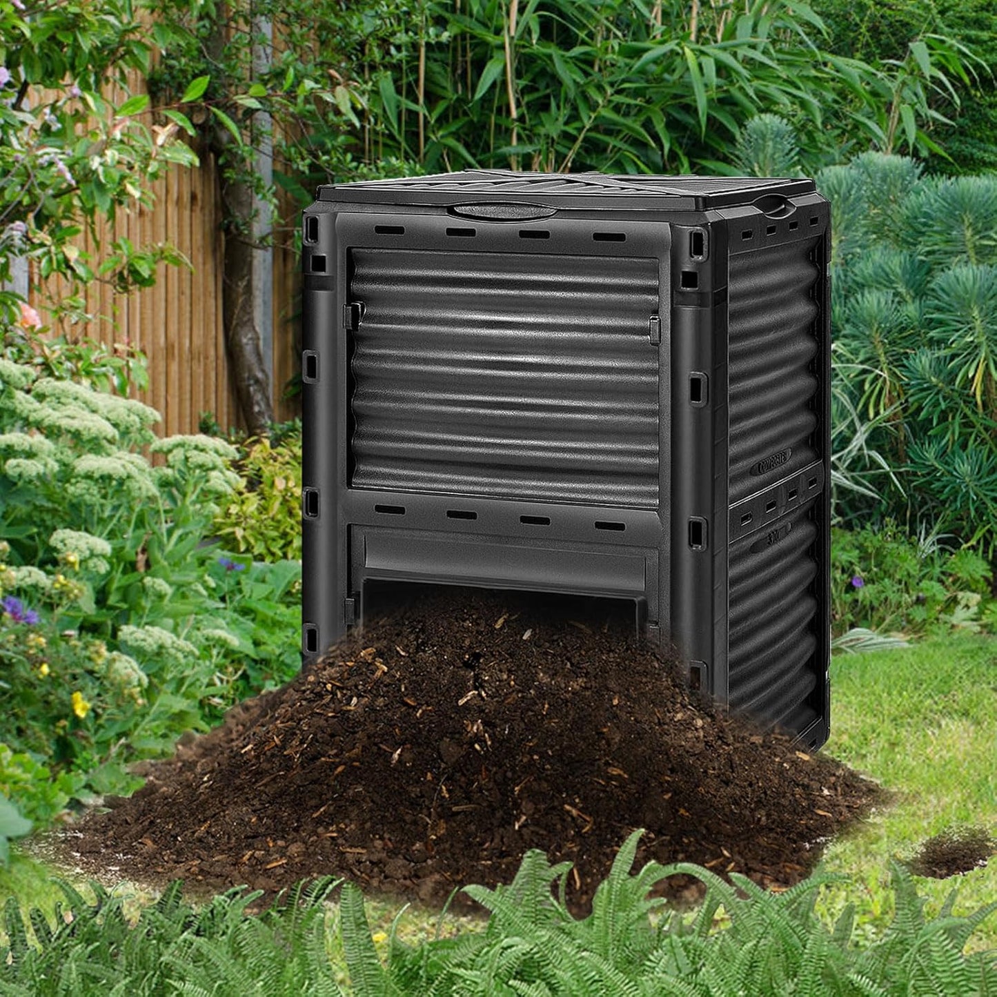 Happygrill Outdoor Compost Bin, Composting Box w/Top Flip Latch-on Lid,80 Gallons Composter for Kitchen Waste & Garden Scraps, Compost Barrel for Fast Creation of Fertile Soil (Black)