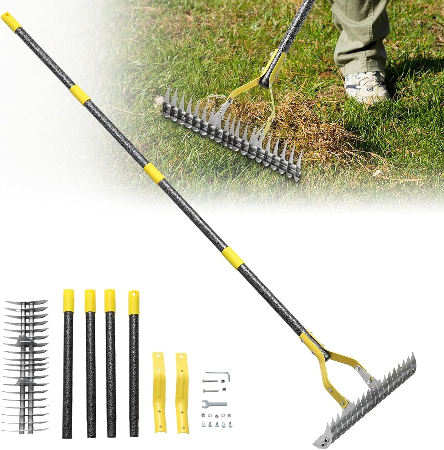 Thatch Rake, 70 inch Heavy Duty Dethatcher Rake Adjustable Dethatching for Loosening Soil Gathering for Leaves Leveling Lawn Farming Land Cleaning Dead Grass Yard Garden