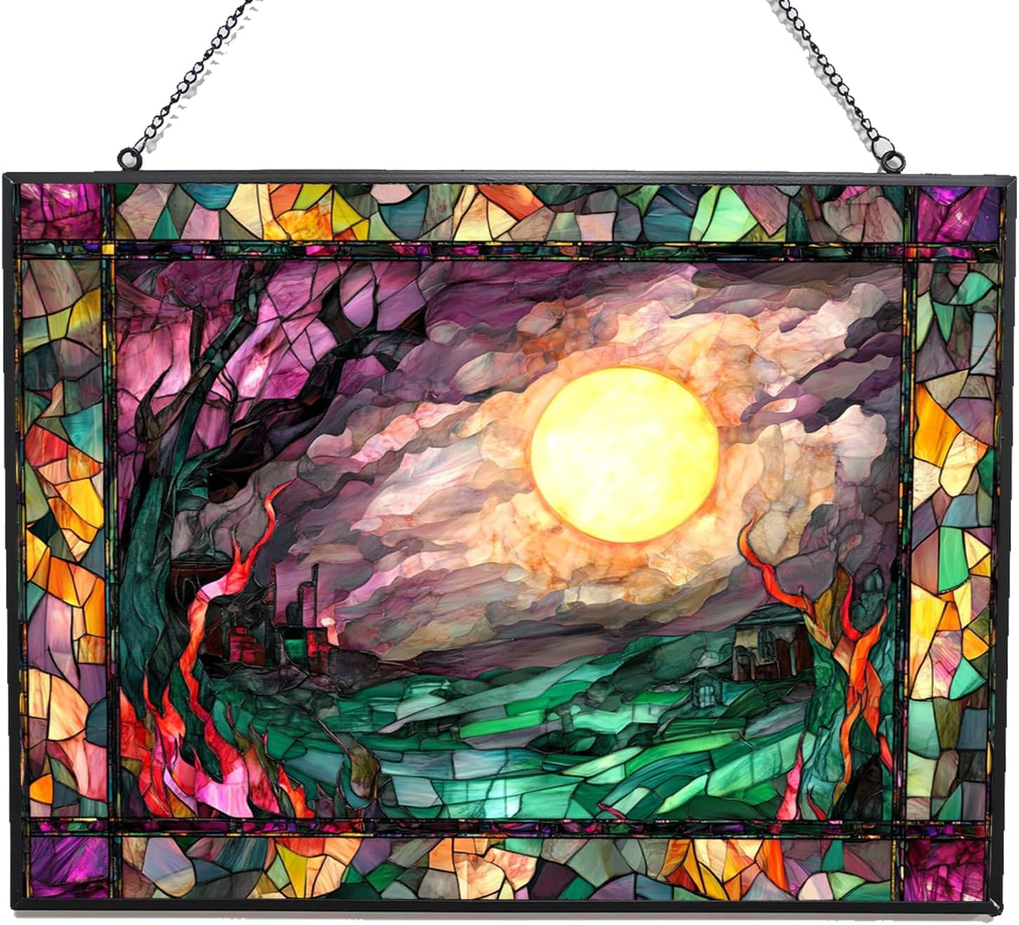 Personalized Rectangle Haunted Night Stained Glass Window Hangings, Handcrafted Stained Glass Suncatchers, Gift for Cat Lovers Nature Lovers 15"x11" Mothers Day