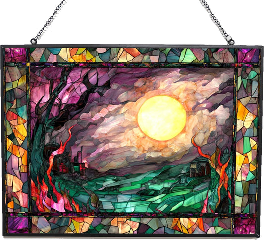 Personalized Rectangle Haunted Night Stained Glass Window Hangings, Handcrafted Stained Glass
