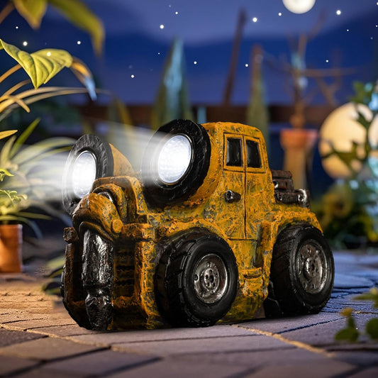 Garden Statue Outdoor Construction Vehicle Decor with Solar Light Decoration for Yard Patio Lawn Vintage Engineering Decor Gifts for Women
