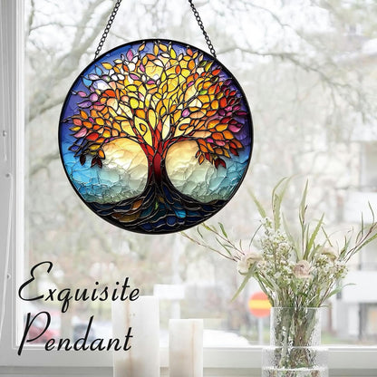 Colorful Tree of Life Suncatcher -7.9 in Stained Glass Window Hanging Sun Catcher Garden Decor