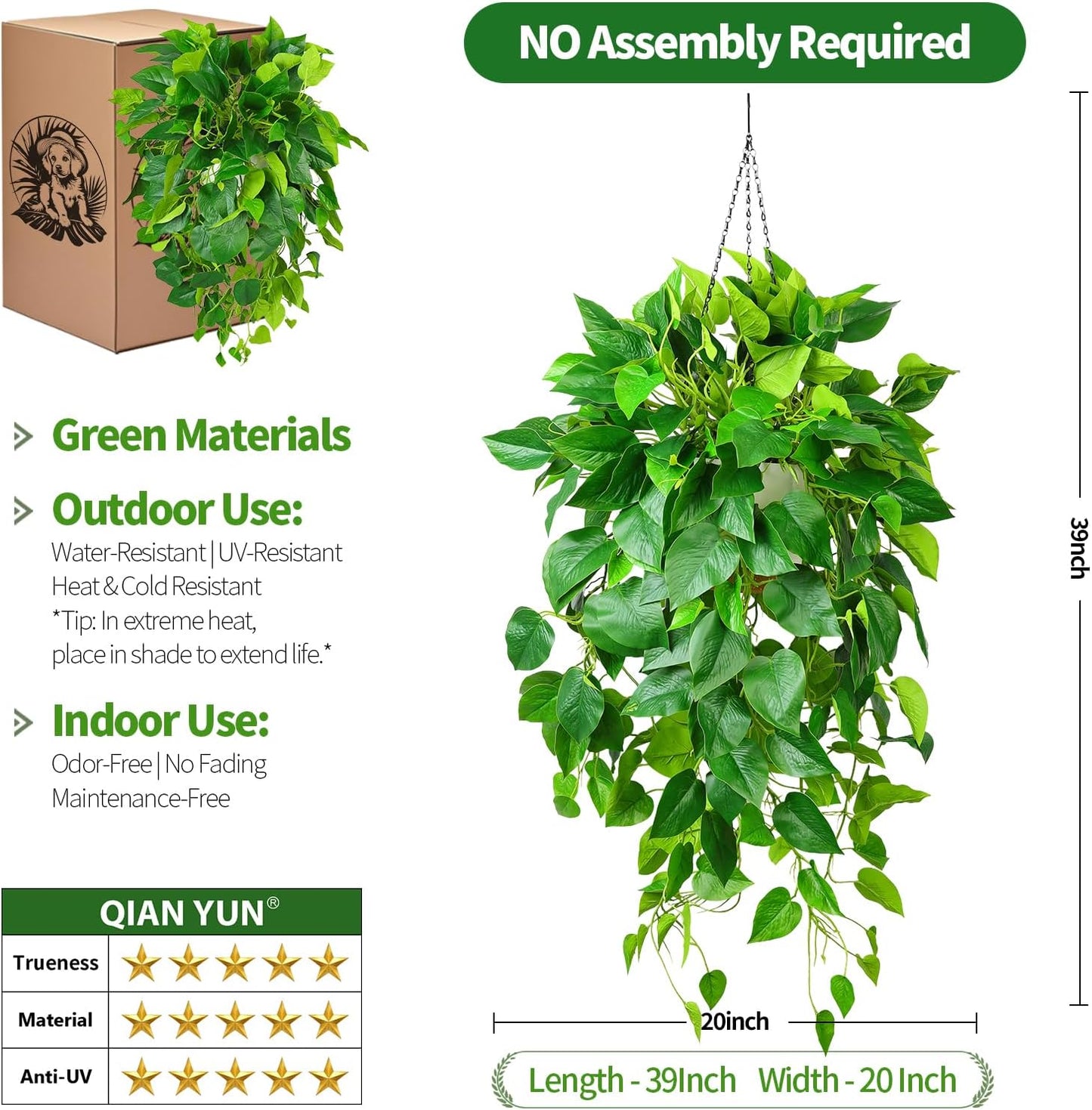 QIANYUN Fake Pothos Ivy Plant for Home Decor – 40" Fake Hanging Plants with Pot, Artificial Silk Greenery for Indoor Shelf, Bedroom, Living Room, Bathroom, or Office Decoration