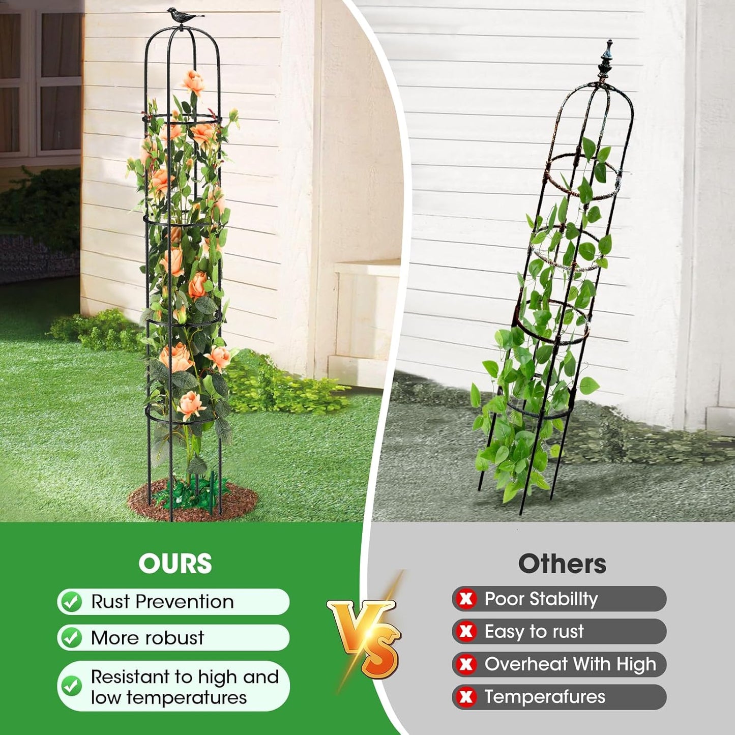 Tower Obelisk Garden Trellis for Climbing Plant，73.6inch Rustproof Metal Potted Plant Climbing Support for Indoor Outdoor Flowers Vegetable Fruits Vines Support (2Pcs)