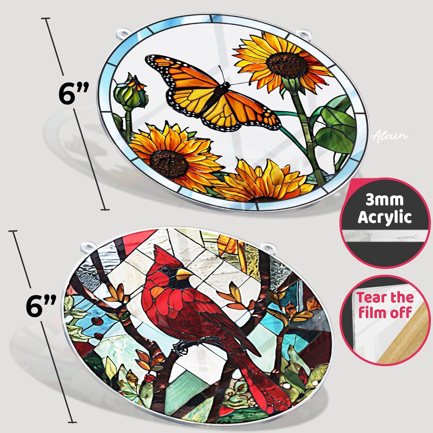 2 Cardinal Butterfly Acrylic Suncatcher, Art Decor for Home, Suncatcher for Window Hanging Indoor, Garden, Housewarming, Gift for Mom, Grandma, Women, Friend, Bird Lover SCB-A6-B4