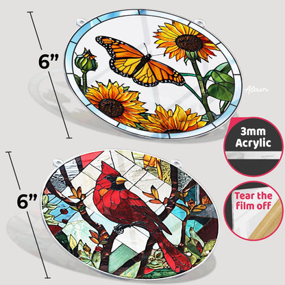 2 Cardinal Butterfly Acrylic Suncatcher, Art Decor for Home, Suncatcher for Window Hanging Indoor, Garden, Housewarming, Gift for Mom, Grandma, Women, Friend, Bird Lover SCB-A6-B4