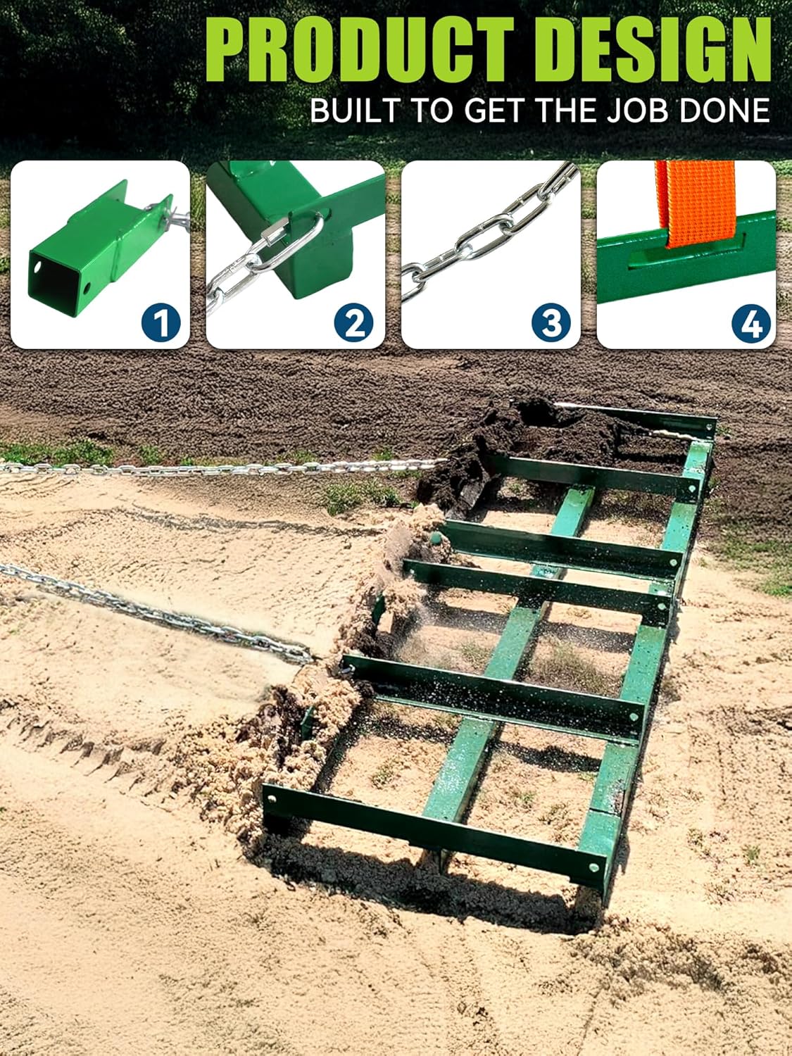 8ft Heavy Duty Drag Harrow for ATV, UTV, Tractor - Adjustable Tow Behind Leveling Rake with Weight Tray for Driveway Grader, Lawn, Field, Pasture, Food Plot Maintenance, Green(96 inch)