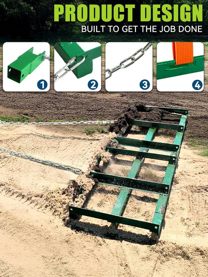 8ft Heavy Duty Drag Harrow for ATV, UTV, Tractor - Adjustable Tow Behind Leveling Rake with Weight Tray for Driveway Grader, Lawn, Field, Pasture, Food Plot Maintenance, Green(96 inch)