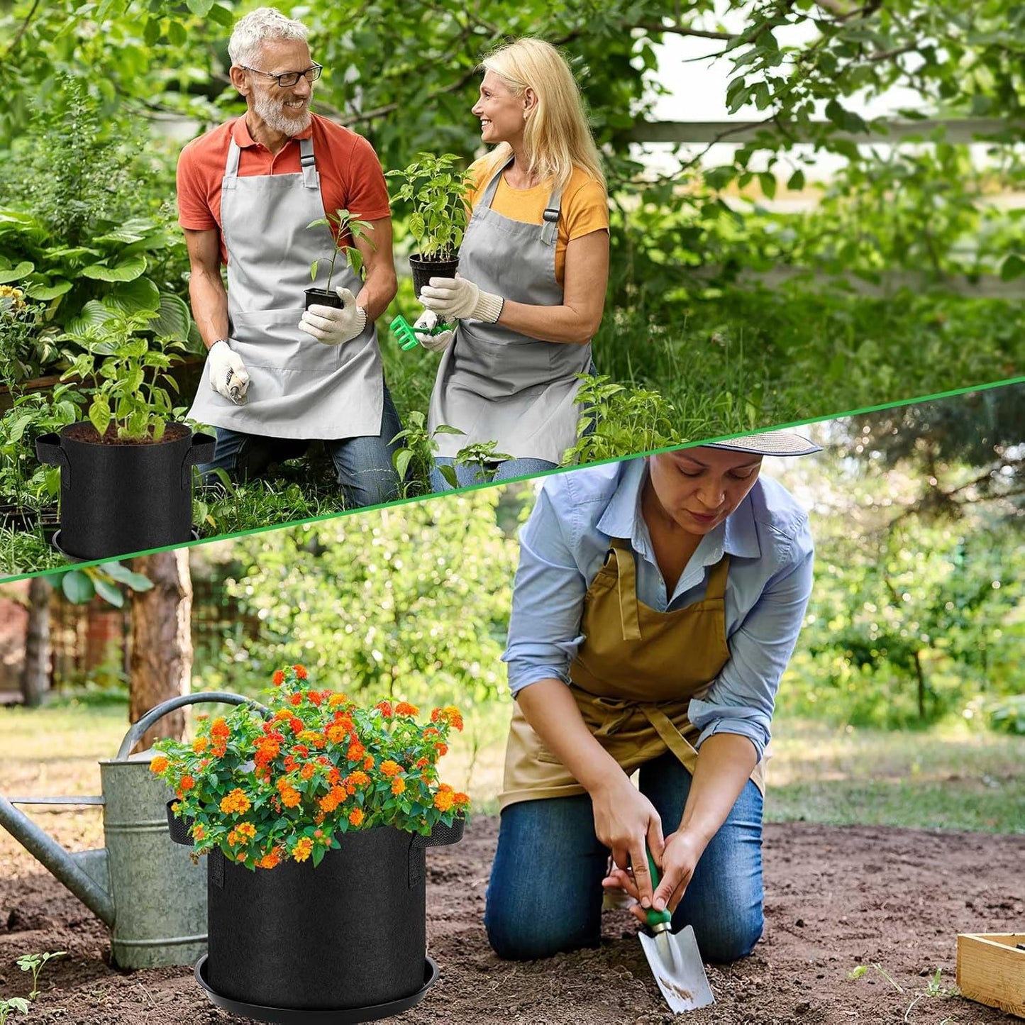5 Pack 3 Gallon Grow Bags with 5 Plant Saucer and 5 Labels, Sturdy Fabric Plant Pots, Fabric Garden Grow Bags for Vegetables, Aeration Pots with Handles