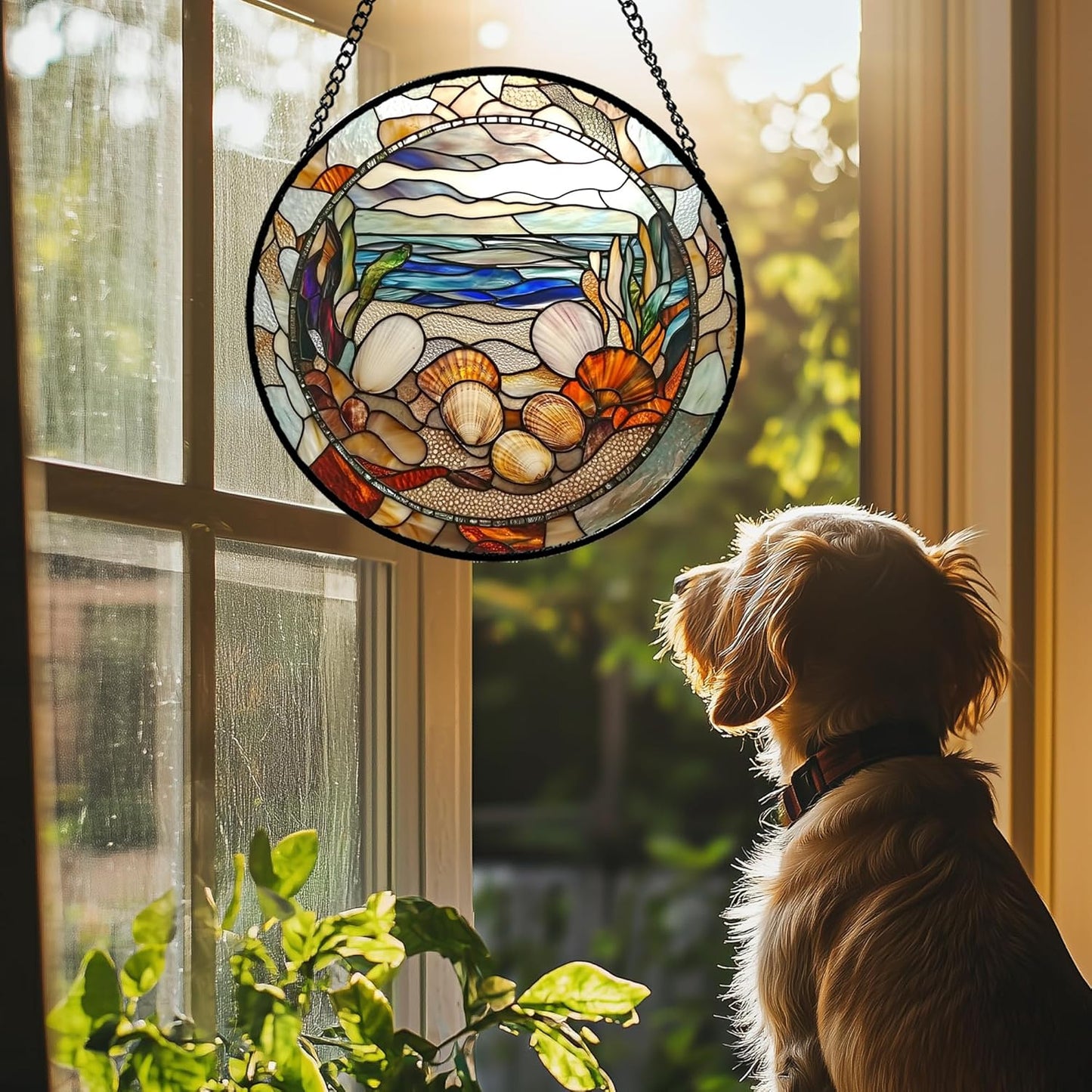 Stained Glass Window Hanging Conch Shells Ocean Seaweed 6.3" - Suncatcher Door Garden Sunroom Sun Catcher Home Decor Housewarming Birthday for Mom Grandma Men Woman