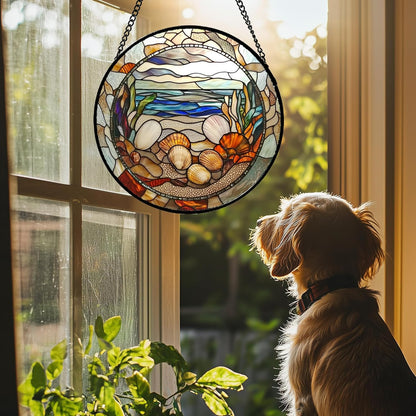 Stained Glass Window Hanging Conch Shells Ocean Seaweed 6.3" - Suncatcher Door Garden Sunroom Sun Catcher Home Decor Housewarming Birthday for Mom Grandma Men Woman