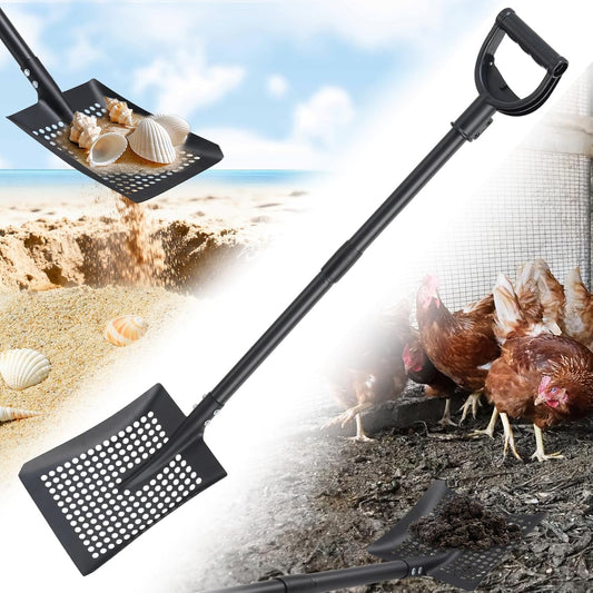 Beach Sifter Sand Scoop for Treasure Hunting, 47" Adjustable Metal Sand Sifter Shovel with Comfort Grip for Kids & Adults, High Sides for Shells & Relics