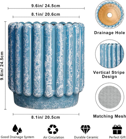 Ceramic Planter for Indoor Plants - 9.6 Inch Ceramic Plant Pots with Drainage Hole, Large Flower Pots Outdoor, Fluted Decorative Round Planter, Front Door Decor, Housewarming Gifts, Blue