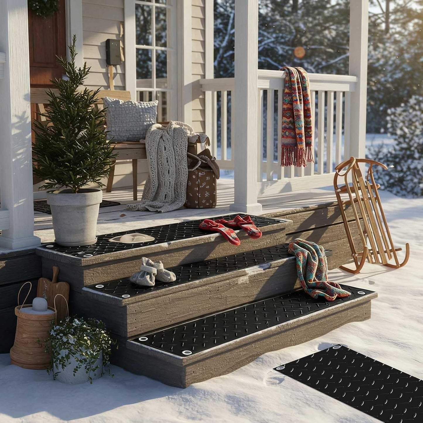 Riakrum 4 Pcs Heated Snow Melting Mats Outdoor, 10 x 30 in Winter Anti-Slip Heated Rubber Mat for Walkways Decks and Sidewalks, Snow and Ice Melting Pads Connection with 9.84 ft Power Cord