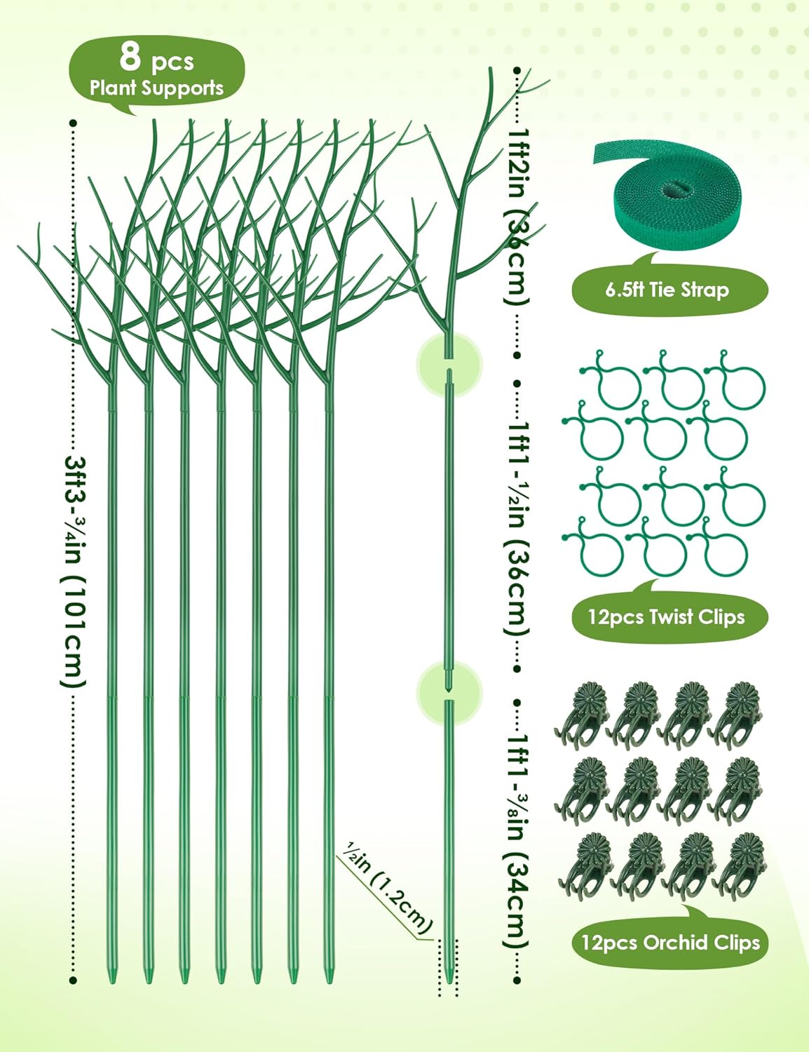 NiHome Comprehensive Plant Support Stake Set of 8 - Durable, UV Resistant 39.5" Stakes with Extension Poles, Orchid Clips & Plant Ties for Climbing Indoor & Outdoor Plants, Monstera, Pothos & More