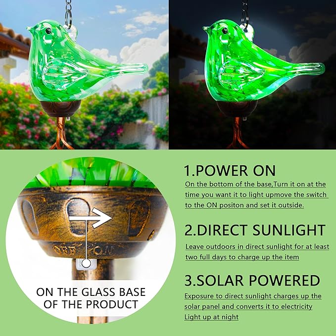 Wind Chimes, Solar Glass Bird Shape, LED, Outdoor Lawn and Patio Glass and Metal Decoration, 7 x 4 x 44 Inch (Green)