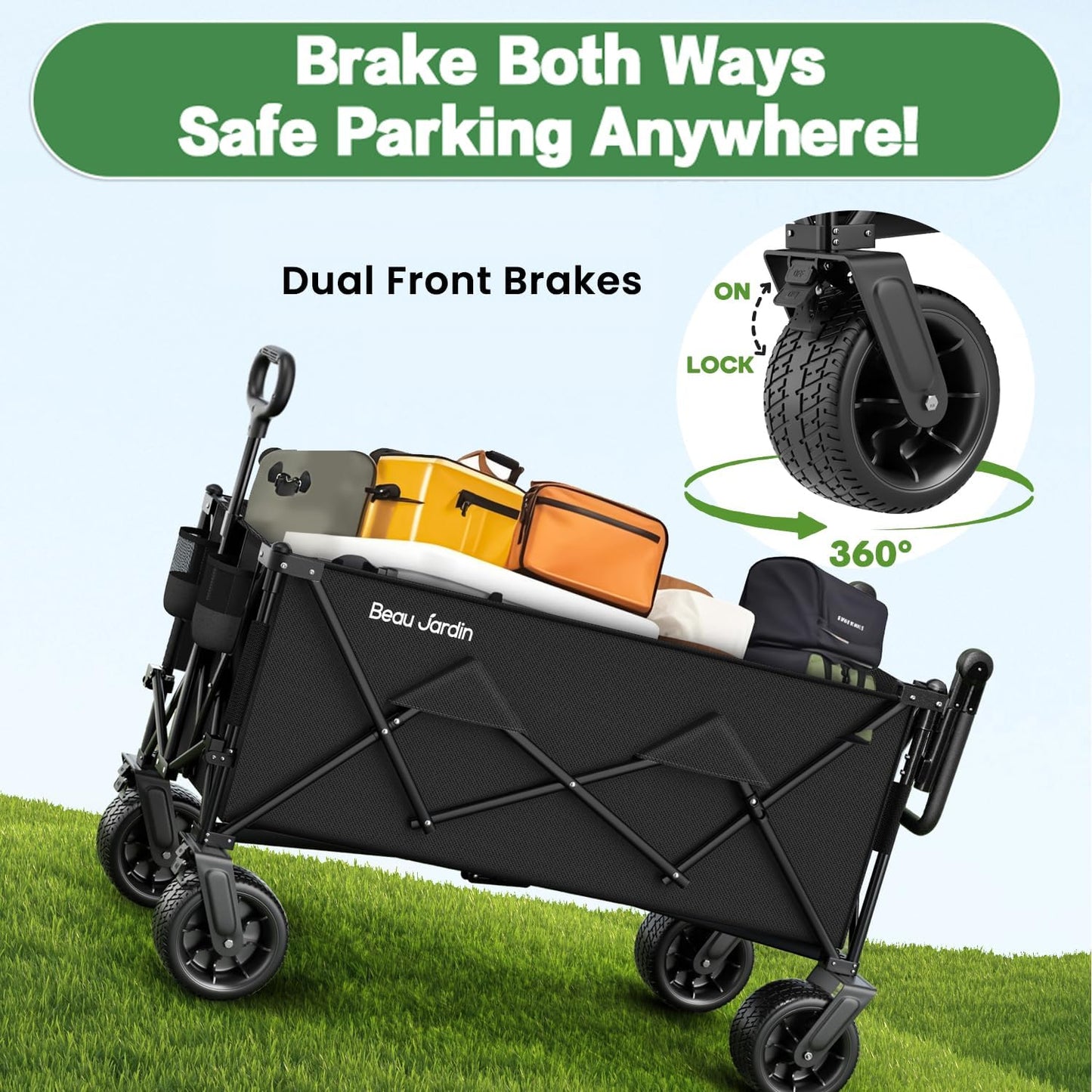 BEAU JARDIN Folding Push & Pull Beach Wagon 500 lbs Collapsible Foldable Wagons with Push Handle All Terrain Wheels Grocery Utility Camping Sports Garden Wagon Cart Black