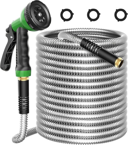 Metal Garden Hose 50ft, Stainless Steel Water Hose Leak-Proof w/10 Function Sprayer Nozzle, 5/8" Flexible Garden Hoses, Long-Lasting, Lightweight, No-Kink Water Hose, for Yard and Lawn