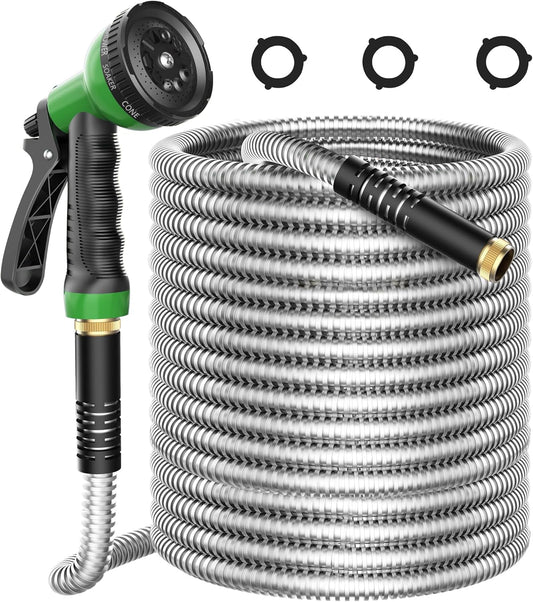 Metal Garden Hose 100ft, Stainless Steel Water Hose Leak-Proof w/10 Function Sprayer Nozzle, 5/8" Fittings Flexible Garden Hose, Long-Lasting, Lightweight, No-Kink Water Hose, for Yard,Lawn