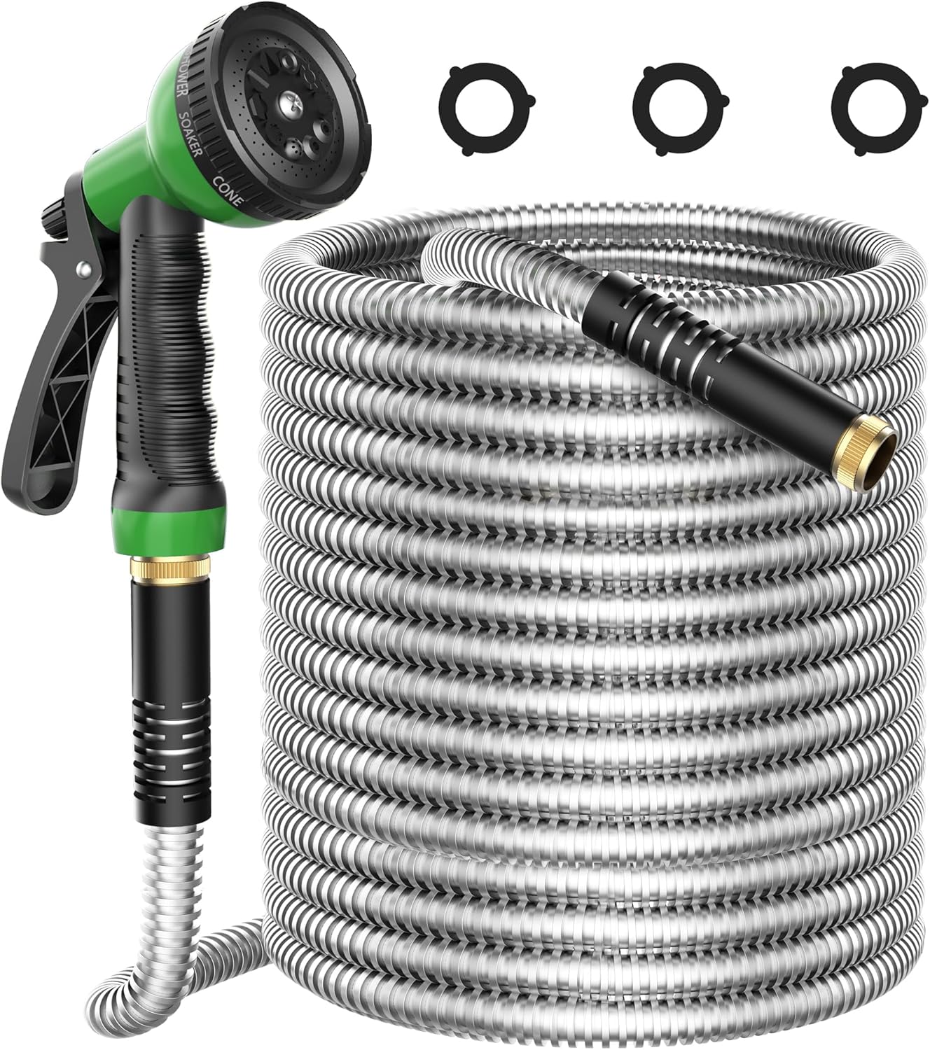 Metal Garden Hose 25ft, Stainless Steel Water Hose Leak-Proof w/10 Function Sprayer Nozzle, 5/8" Fittings Flexible Garden Hose, Long-Lasting, Lightweight, No-Kink Water Hose, for Yard and Lawn