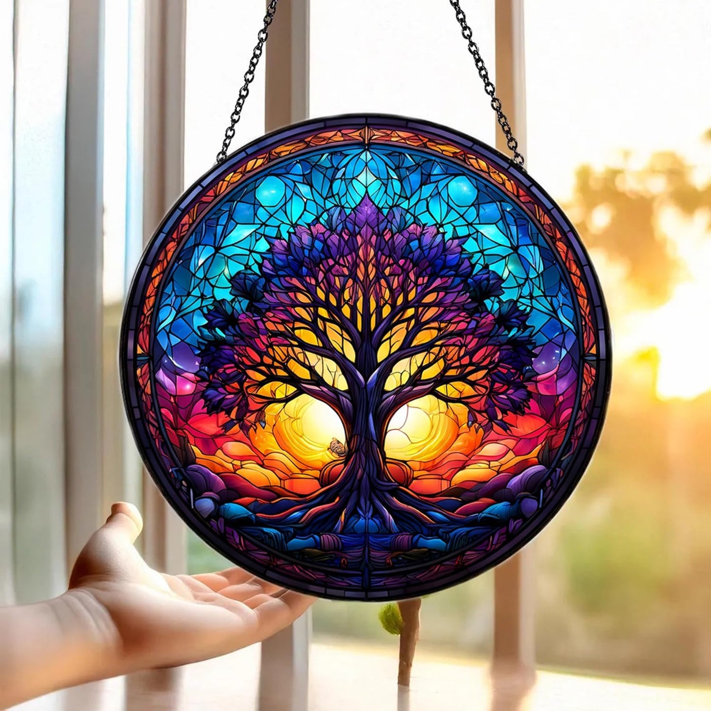 Tree of Life Suncatcher -7.9 in Stained Glass Window Hanging Catcher Garden Decor