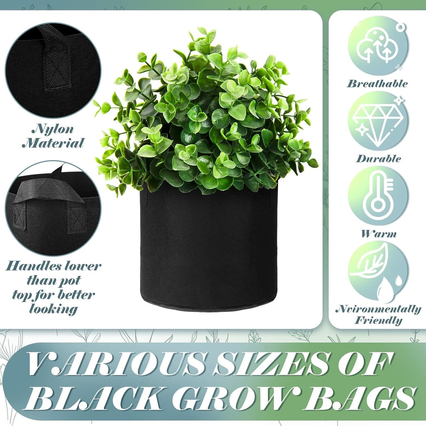 Hoolerry 7 Pack Black Plant Grow Bags Thickened Non Woven Grow Bags in 4 Sizes 10, 7, 5 and 3 Gallons Aeration Fabric Pots with Handles