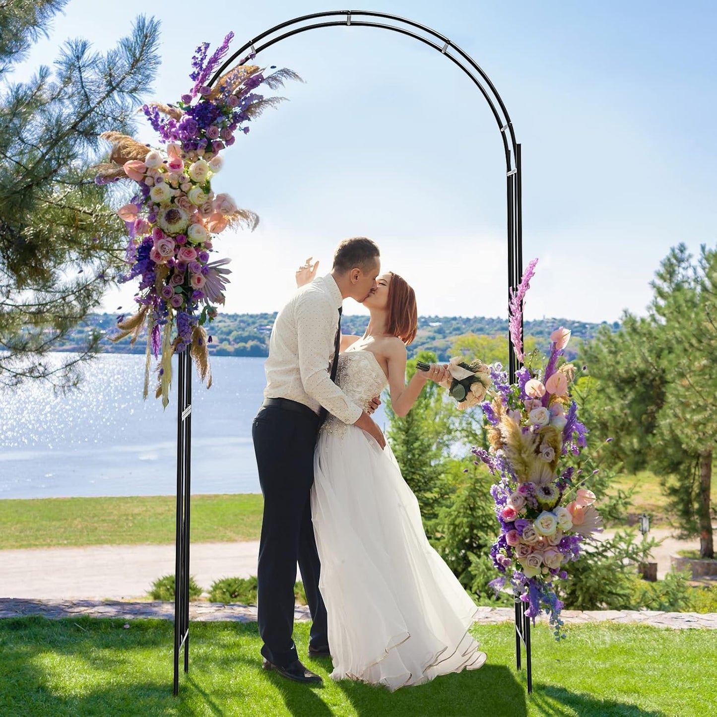 HAPPYGRILL Garden Arch, Garden Arbor with Trellis, Outdoor Garden Arbor with Stakes, Metal Garden Arch Trellis for Climbing Plants Vines, Wedding Ceremony Party Decor Arch, Garden Entrance Archway