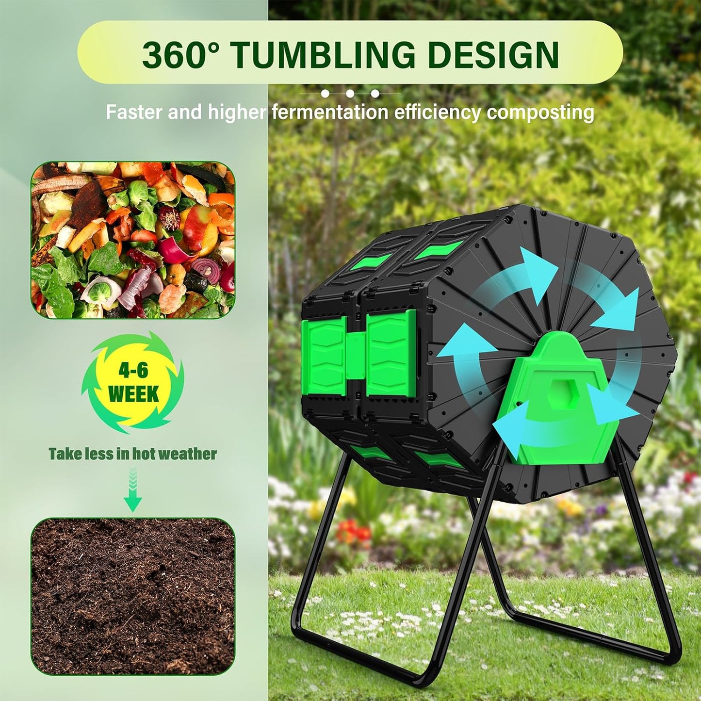 45 Gallon Dual Chamber Compost Tumbler, BPA-Free Rotating Outdoor Composter for Kitchen Waste & Yard, Heavy-Duty Fast Composting Bin for Sustainable Winter Gardening & Spring Prep