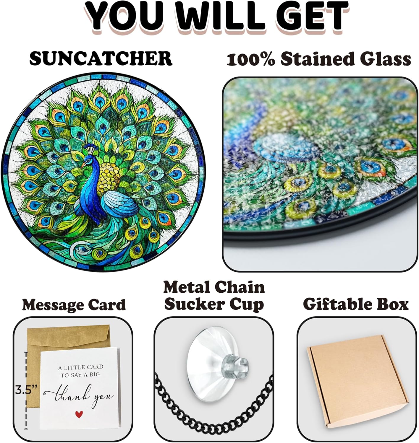 7.8" Peacock Stained Glass Suncatchers Wall Art Decor Exotic Birds Sun Catcher Window Garden for Animal Peacock Lovers Women Grandma Mom Nature Themed Painted Glass Panel ANI-07A-SG8