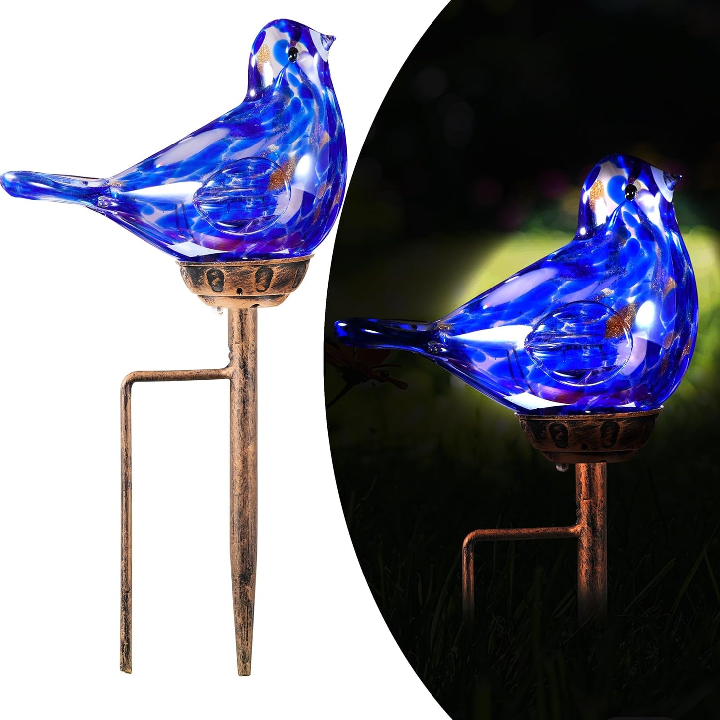 Solar Bird Garden Stake Lights - Hand Blown Glass Decorative Garden Pathway Lights Outdoor Waterproof Bird Glass Stakes (Dark Blue)