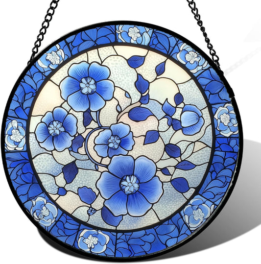 Stained Glass Window Hanging, Blue and White Plum Blossom Sun Catcher for Door Home Decor Flowers