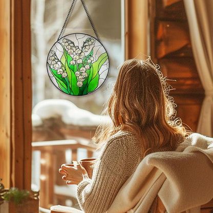 Lily of The Valley Flower Suncatcher Stained Glass Window Hanging, Lily of The Valley Sun Catchers Indoor Window Glass Round Wall Decor, Floral Wall Art Hanging Decorations, ＂7.8x7.8＂