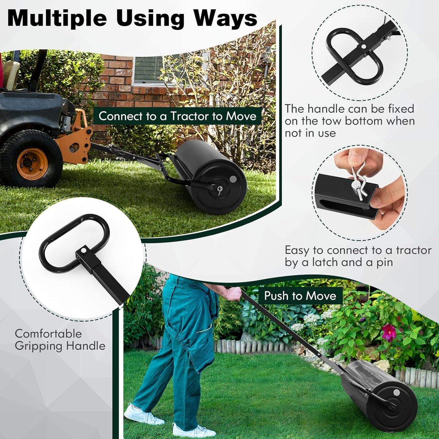 IRONMAX Lawn Roller, 30 Gallons/113 L Manual & Tow-Behind Steel Sod Roller w/Push Pull Handle, Lawn Rollers Tow Behind Water Filled for Yard, Park, Garden, Ball Field (30 Gallons, Black)