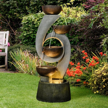 46.8''H Outdoor Water Fountains - 5-Tiered Garden Fountains Outdoor for Patio, Yard, Balcony, Porch, Modern Resin Waterfall Feature for Outside with Light, Cascading Bowl Water Feature Gray