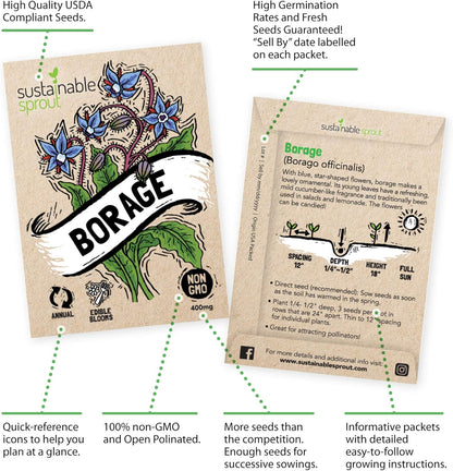 Edible Flower Seeds for Planting: 7 Variety Packets: Viola, Calendula, Chamomile, Chives, Bachelor Button, Borage & Nasturtium, Annual & Perennial Edible Flower Seeds Garden Kit by Sustainable Sprout