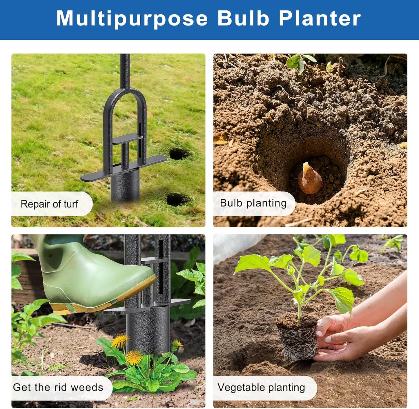 Garden Grass Plugger Tool with Long Handle Sod Turf Plugger Steel Bulb Planter with Soft Rubber Grip Plants Transplanter Tool for Digging Holes, Repair of Turf, Transplant Seedling