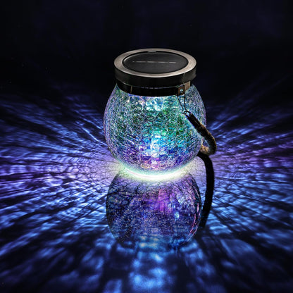 Cooo 4 Pack Solar Lantern Outdoor Waterproof Iridescent Crackle Glass with 215% Larger Solar Panel, Stainless Steel Lid – Rainbow Glass Hanging Light with Cool White LED for Garden Patio Table