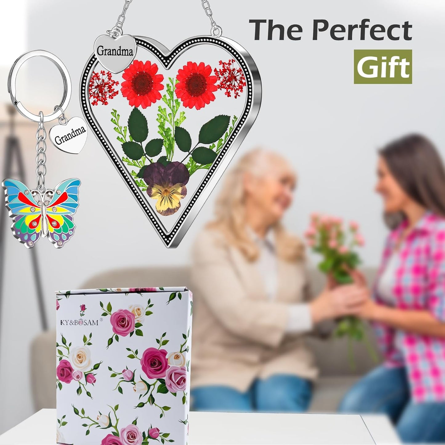 KY&BOSAM Heart Suncatcher for Windows Hangings Grandma Gift Stained Glass Butterfly Suncatcher Pressed Flower Between Heart in Glass Metal Engraved Charm Gift for Women Mother's Day Birthday Christmas