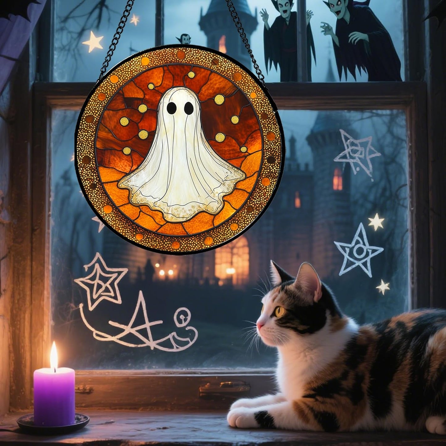 Stained Glass Window Hanging - Halloween Decorations White Ghost Suncatcher for Doors Garden Indoor Spooky Funny Orange Sun Catchers Gothic Decor Horror Gifts for Women Men Friend 11.8 in