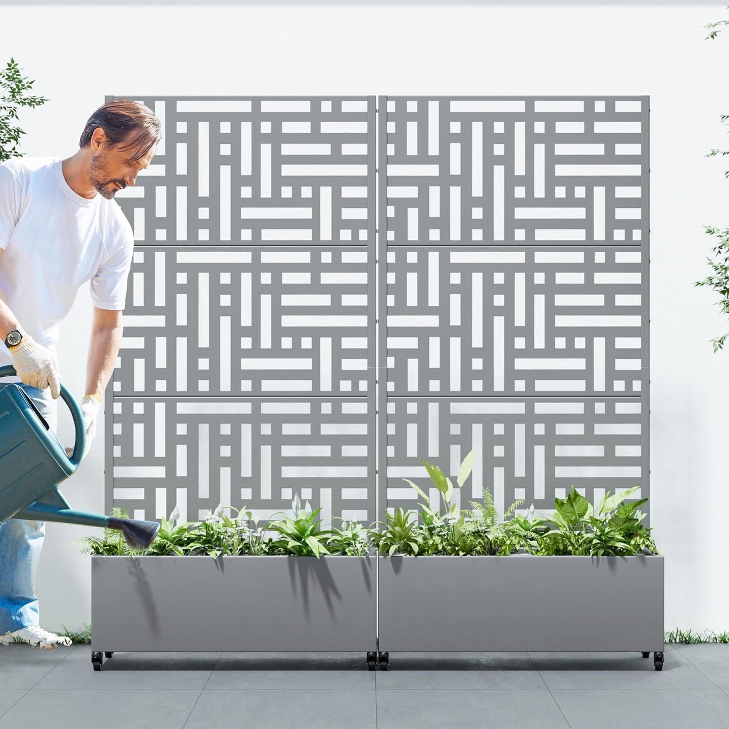 Casaphoria 72"x35" Metal Raised Garden Bed with Trellis(2 Pack), Outdoor Planter Box with Wheels & Drainage Holes for Climbing Plants, Flowers, Elevated Garden Kit with Privacy Screen, Grey-Helen