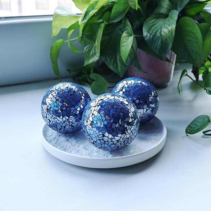 3 Pack Blue Decorative Orbs Mosaic Crack Glass Balls Decor Solid Sphere Globe Bowl Vase Fillers Holiday Living Room Mantle Basket Centerpiece 3.35 Inch