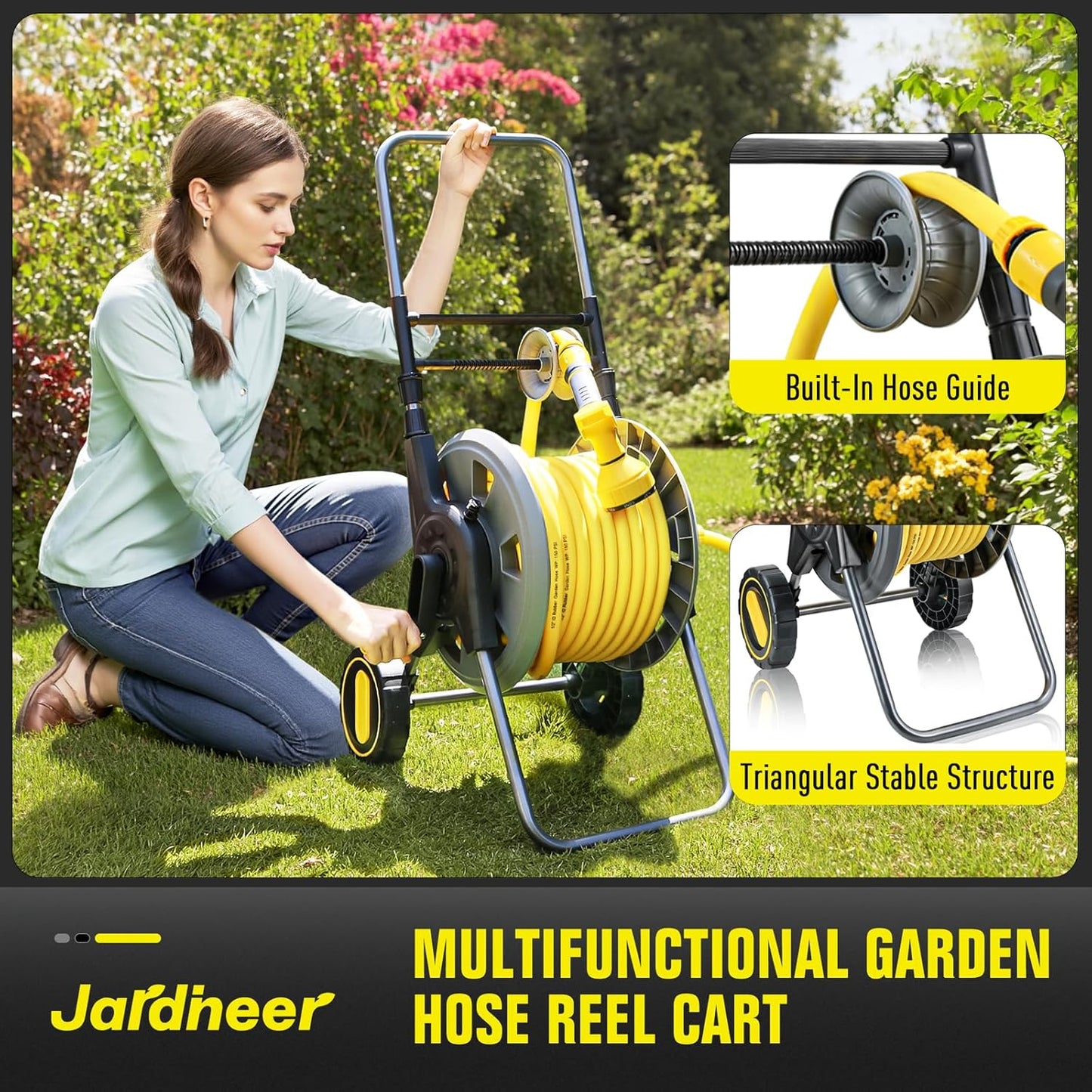 Jardineer Hose Reel Cart with Wheels, Include 100FT Water Hose and Sprayer Nozzle, Portable Garden Hose Set for Watering Flowers, Cleaning Floors, Washing Cars Outside