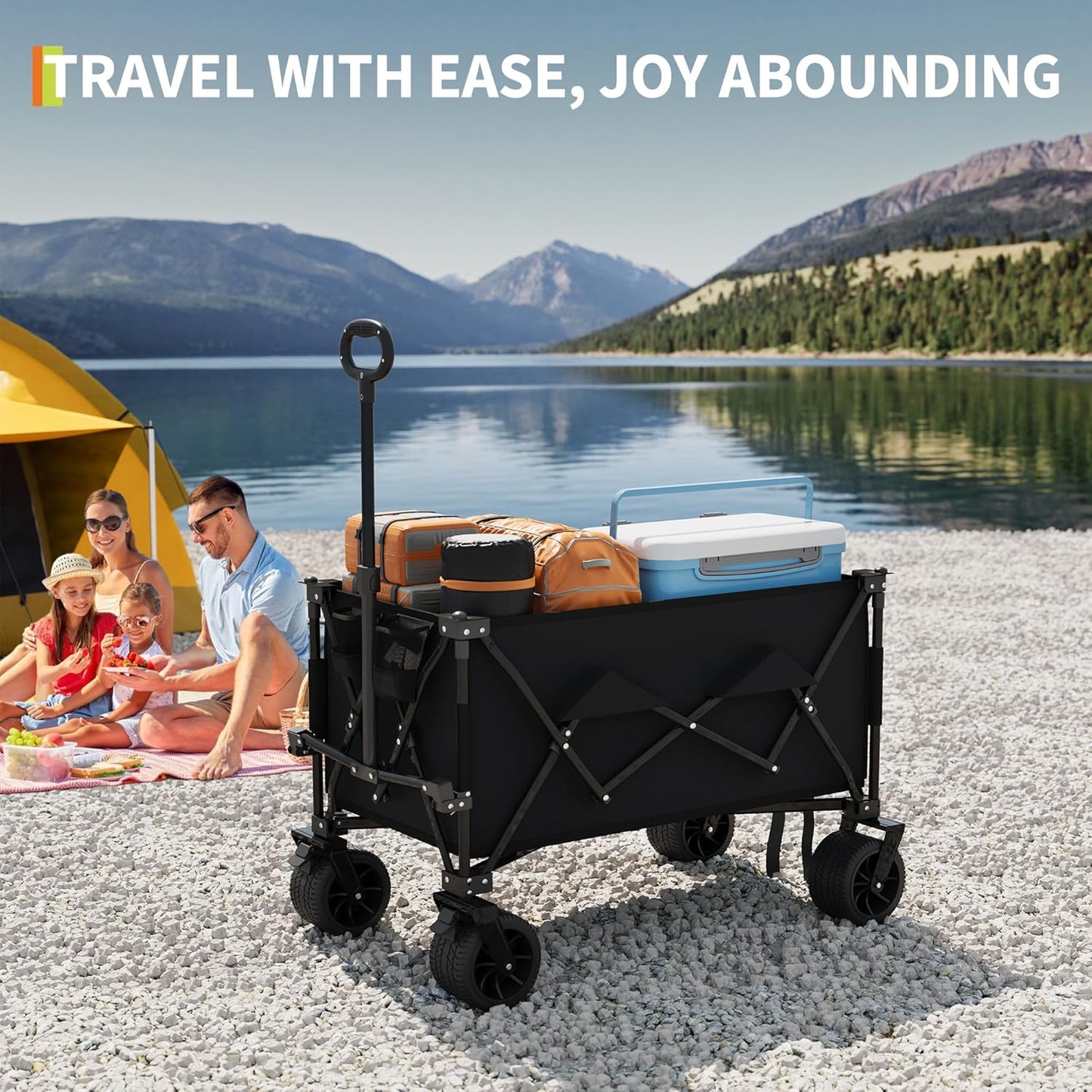 35" Foldable Wagon for Beach with 350lbs Weight Capacity, Heavy Duty 280L Extra Large Collapsible Foldable Wagon for Camping, All Terrain Beach Wagons Extended with Cup Holders for Sand