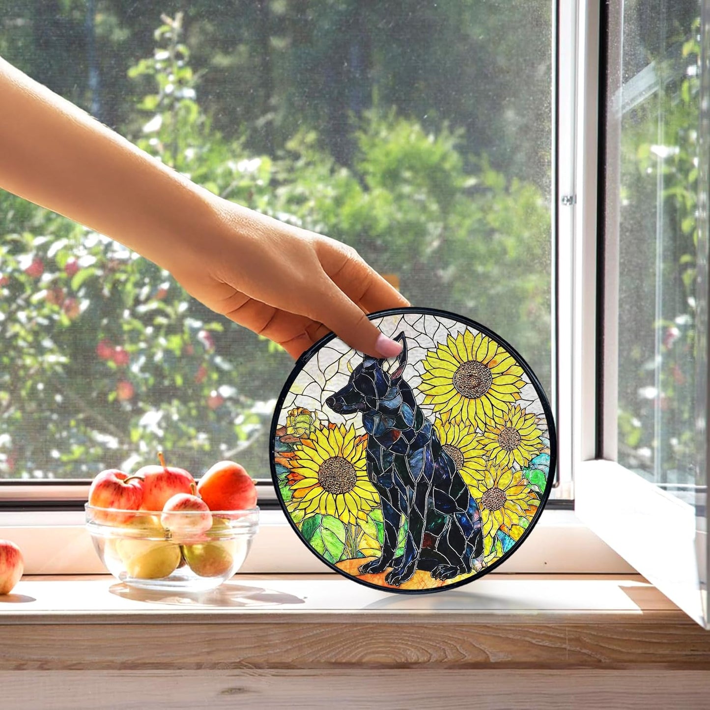 kdqua German Shepherd Sunflower Suncatcher Stained Glass Window Hanging, German Shepherd Gifts Sun Catchers Indoor Window Glass Round Wall Decor, Dog Wall Art Hanging Decorations Statues, 7.9x7.9in
