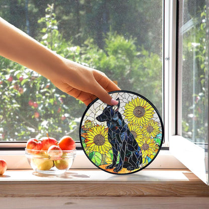 kdqua German Shepherd Sunflower Suncatcher Stained Glass Window Hanging, German Shepherd Gifts Sun Catchers Indoor Window Glass Round Wall Decor, Dog Wall Art Hanging Decorations Statues, 7.9x7.9in